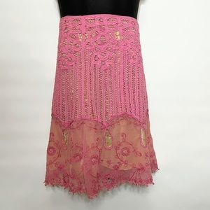 Vintage Pink/Green Crochet/Lace Knee Length Skirt